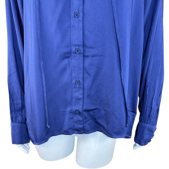 Side Stitch Button Down Top with Ruffle Neck Saphhire Stone Medium NWOT - Picture 3 of 14